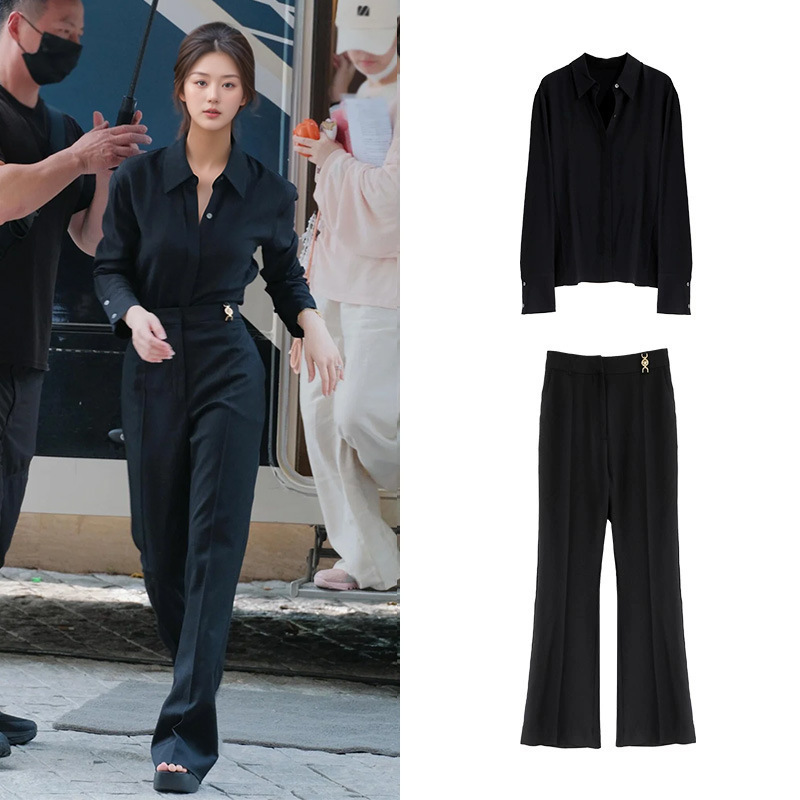 [in Stock] Celebrity Style Fashionable and Elegant Formal Wear Age-Reducing Long Sleeve Shirt Top and Slightly Flared Pants Black Suit