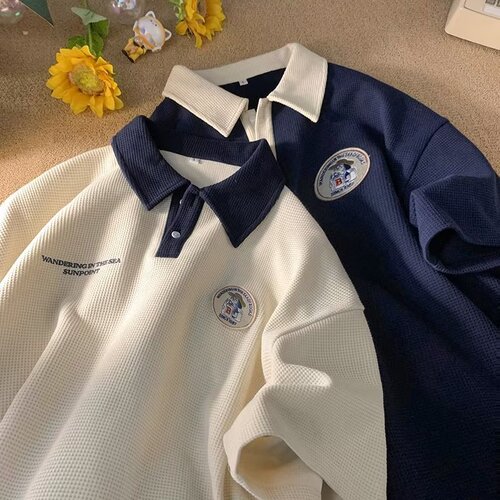 Chic Men Summer Fashion Versatile Literary Trend Short-Sleeve Polo Shirt Standard Japanese Youth Popular