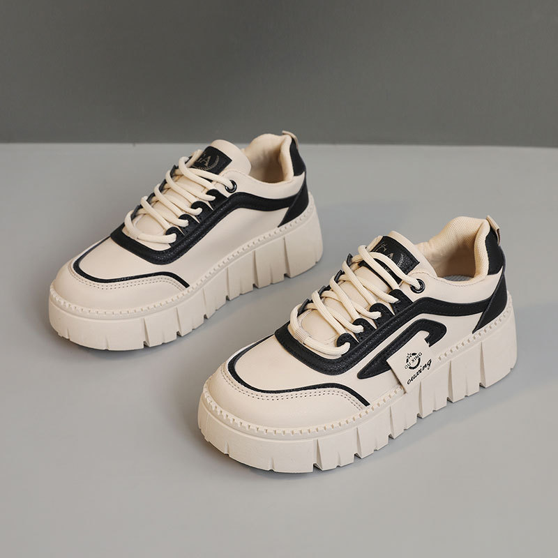 SH312 Neue Damen-Plateauschuhe mit Farbblock-Design für Frühling und Herbst 2025, dicke Sohle, Leder, höhenverstärkend, schlicht, für Studentinnen_voghion.com