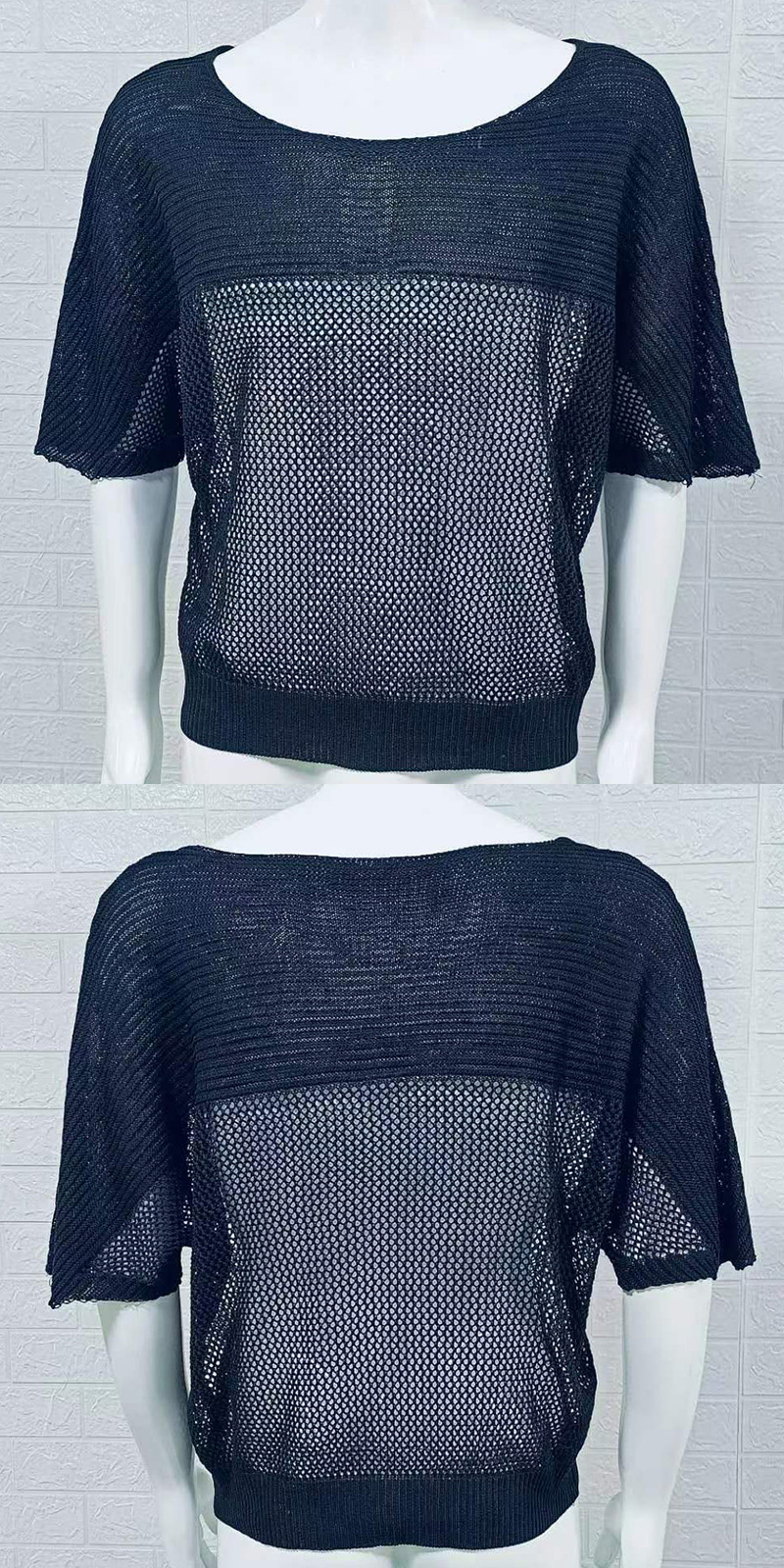 Dünner hohler Strickpullover mit Rundhalsausschnitt und kurzen Ärmeln, Pullover, Oberteil, Sommer, Slim Fit, Herrenbekleidung_voghion.com