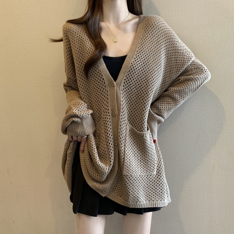 Hollow Collar Knitted Cardigan Thin Coat for Women Spring and Autumn Large Size Fat Loose Mid-Length Butt-Covering Top