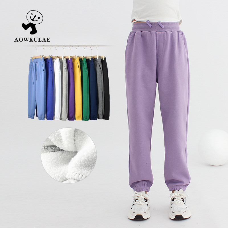 Otoño e invierno estilo coreano nuevos pantalones forrados de lana para niños de color sólido para niños grandes pantalones de chándal cálidos para niñas Generación de cabello image 4