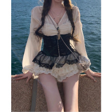 法式拜占庭宫廷风性感V领上衣+半裙+鱼骨腰封套装女2025秋季新款