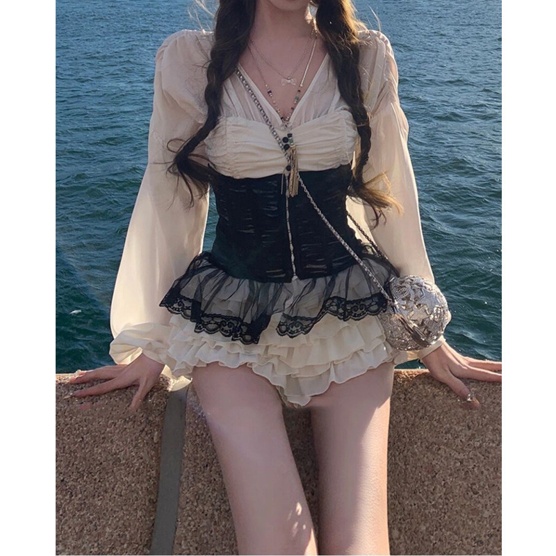 法式拜占庭宫廷风性感V领上衣+半裙+鱼骨腰封套装女2025秋季新款