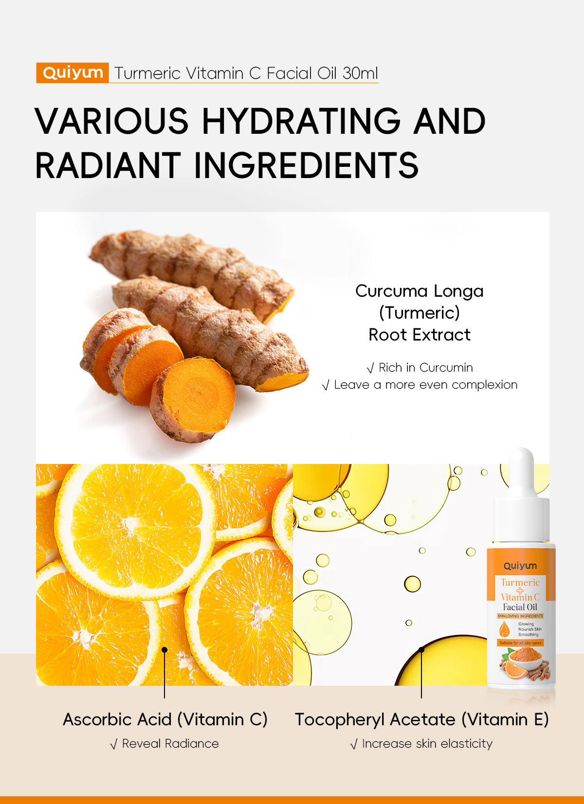 quiyum's new cross-border product, turmeric Vitamin c Facial Essence Oil 30ml, is a hydrating, moisturizing and nourishing FDA skin care product undefined