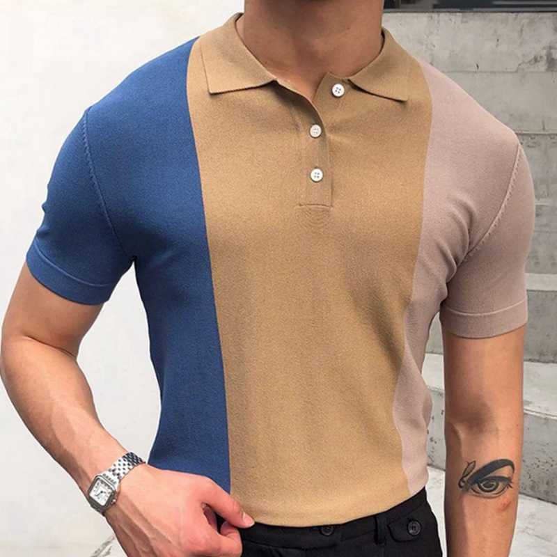 2024 New Men's Summer Contrast Spliced Men's Knitwear Short Sleeved Business Polo Shirt_voghion.com