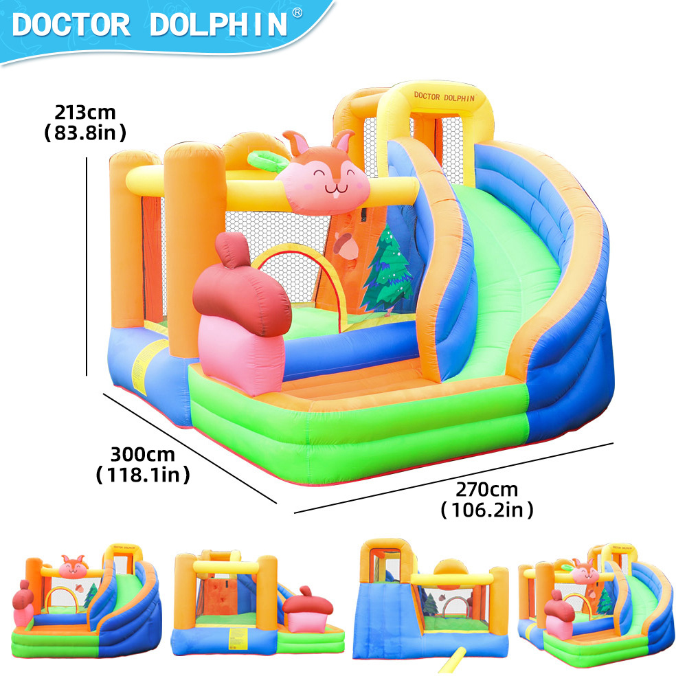 Castillo inflable para niños Doctor Dolphin, trampolín y tobogán con temática de ardilla, área de juegos interior, zona de juego para padres e hijos.