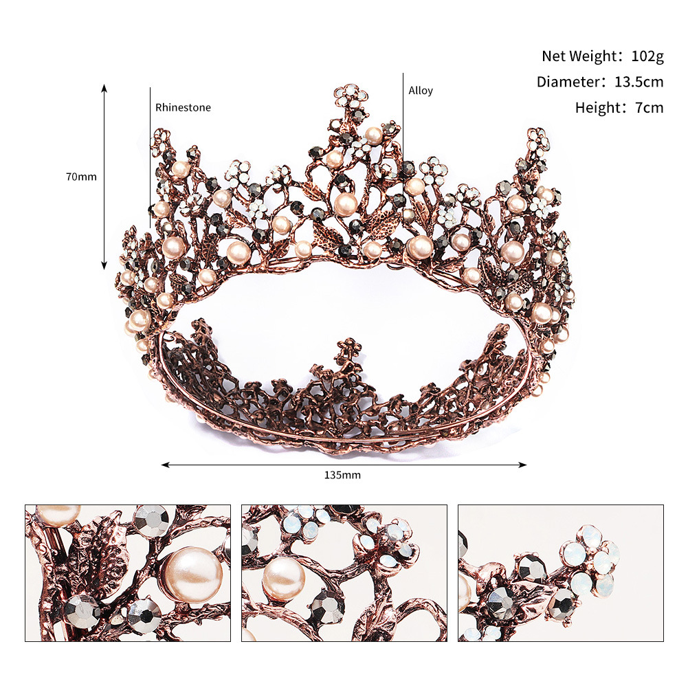 European And American Retro Bridal Hair Accessories Pearl Crown Princess Queen Birthday Wedding Headdress Alloy Diamond Full Round Crown