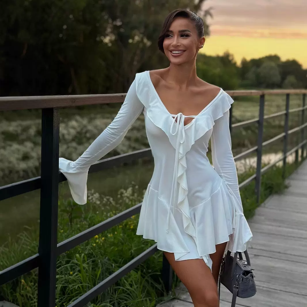 欧美v领荷叶边不规则连衣裙女y2k喇叭长袖绑带性感短裙跨境亚马逊