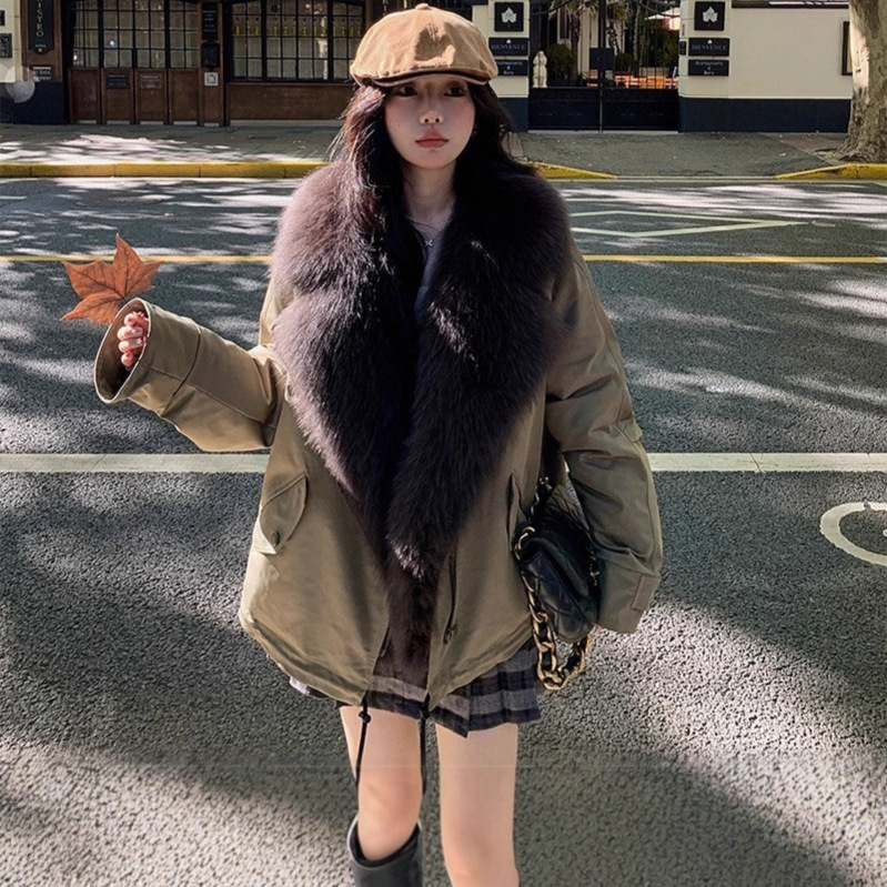 Sweet and Cool Parka down Jacket Women's Workwear Detachable Thickeneded down Liner Casual Fur Jacket Fox Fur Collar