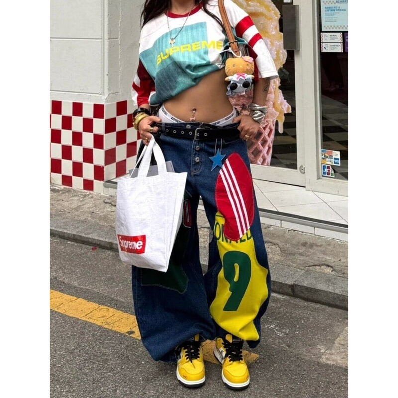 American-style printed loose wide-leg jeans, street dance trendy brand dance pants, versatile spring and autumn long pants, fashionable and trendy