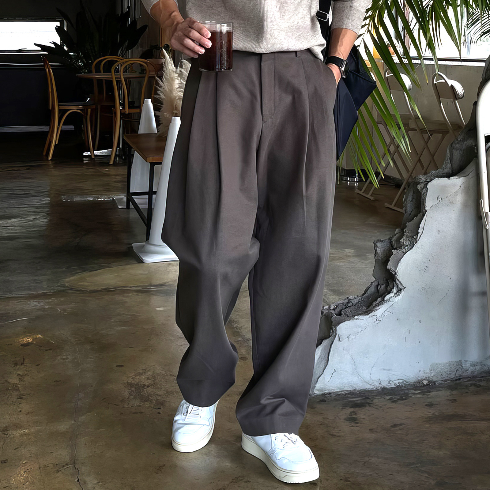 dark gray double pleated trousers men's spring and autumn Hong Kong style retro niche design casual pants loose straight tube drape wholesale