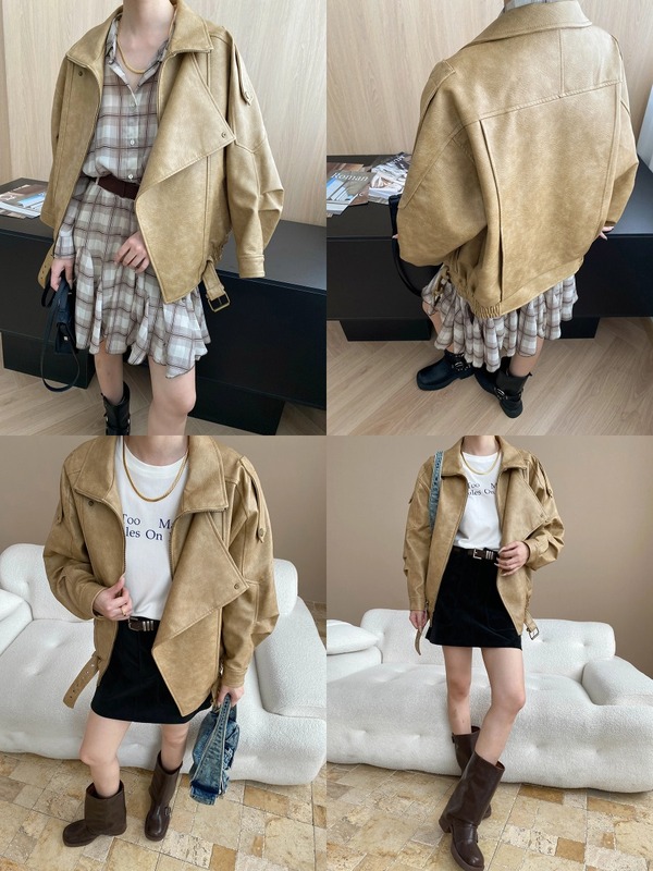 司南 废土做旧感 美式哑光纹理PU皮翻领机车风皮衣外套 SN8019|undefined