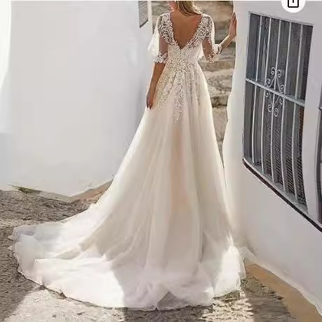 Vestido de noiva leve de manga comprida, estilo Mori, novo, simples, etéreo, sonhador, Hepburn, decote em V, cauda curta, modelador, roupa feminina para festa._voghion.com