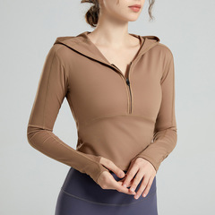 跨境新款連帽健身外套跑步運動上衣女半拉鏈長袖彈力緊身瑜伽服