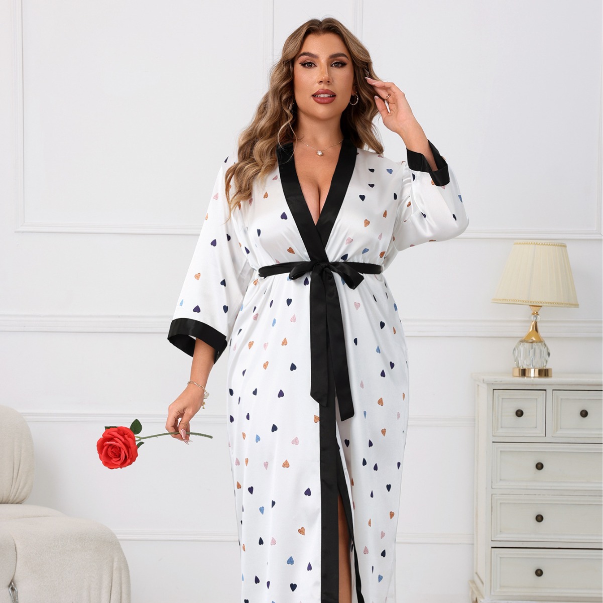 GraceChic Cross-Border Plus Size Damen-Nachthemd, weiß mit Herzmuster, Satin, lässig, bequem, leicht, lockere Passform_voghion.com