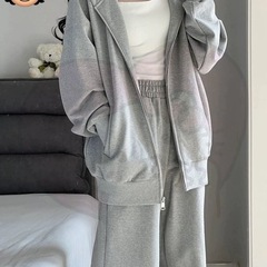 休闲运动套装女秋冬新款宽松连帽灰色卫衣阔腿裤两件套开衫外套潮