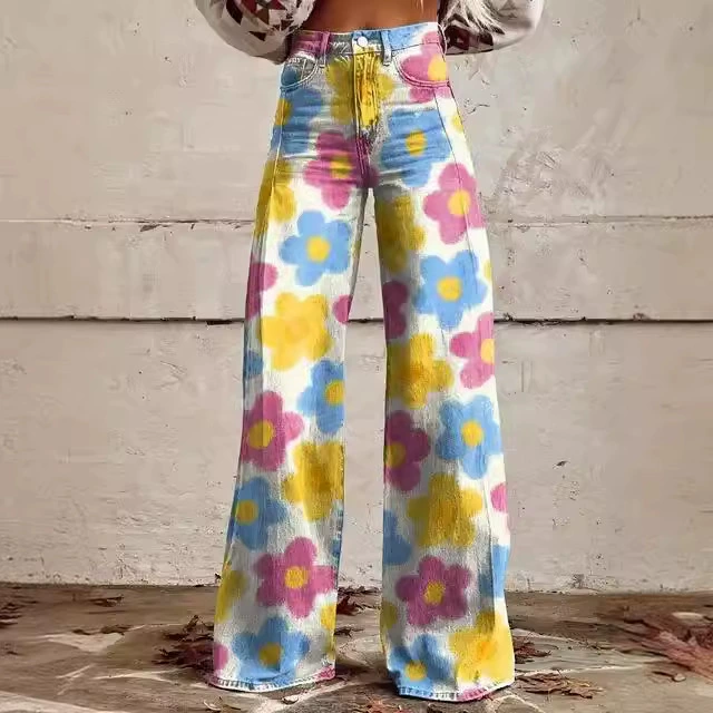 Стильный цветок женские джинсы с высокой талией широкие брюки свободные женские тонкие джинсы с широкими ножками