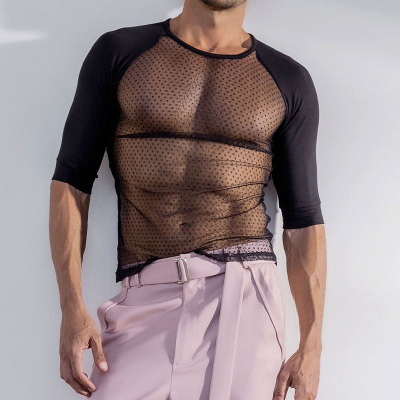 速卖通新款热销透明T恤修身性感打底衫时尚男士 镂空梭织黑色上衣