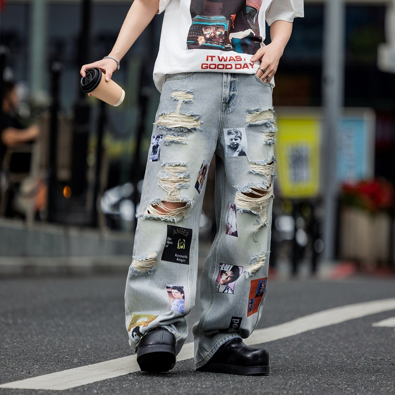 Jeans Rectos con Estampado y Desgastado para Hombre, Algodón y Denim, Diseño Rasgado, Corte Recto, para Primavera y Otoño