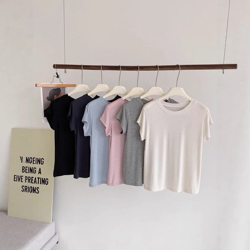 Tencel Lyocell Wool Short-Sleeved T-Shirt Women's Round Neck Bottoming Shirt 2026 Summer New Solid Color Slim Fit Top