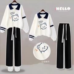 中学生polo襟流行スウェットスーツ学生春秋タイプレジャースポーツ2点セット女の子長袖シャツ綿