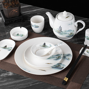 Star Hotel Restaurant Bone Plate Wing Bowl Three-Piece Set Hotel Restaurant Dishes Chinese Landscape Painting Table Ceramic Tableware