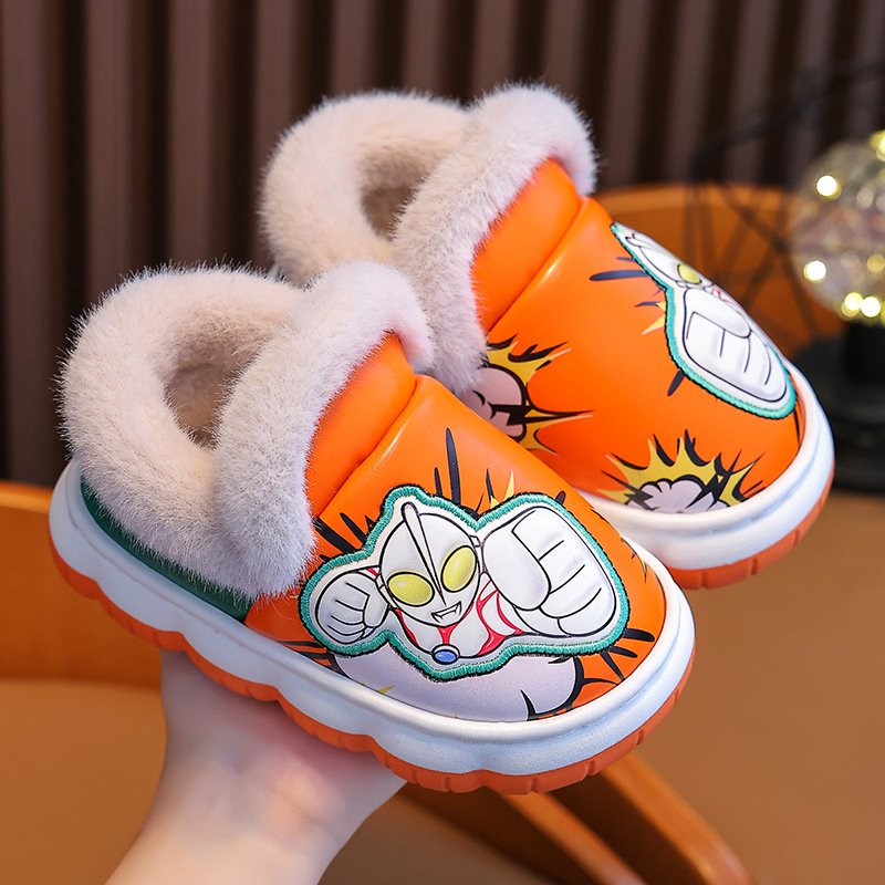 Niños de invierno Ultraman bebé Zapatillas de algodón cálido hogar PU cuero impermeable medio y grande niños bolsa de dibujos animados zapatos de tacón de algodón
