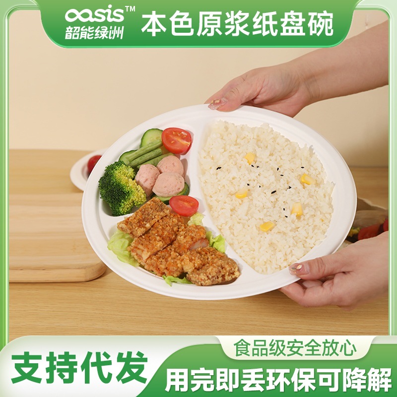 Shaogeng oasis fábrica de ventas directas de pulpa de bagazo Pulpa de bambú 9 pulgadas 3-rejilla disco respetuoso del medio ambiente vajilla desechable degradable