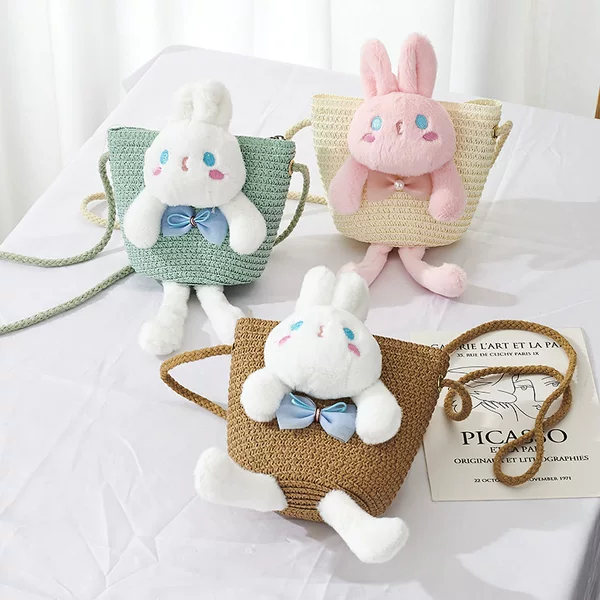 Girls children's change Mini new little girl small bag Straw Bear cartoon cute blue eyes split Rabbit bag