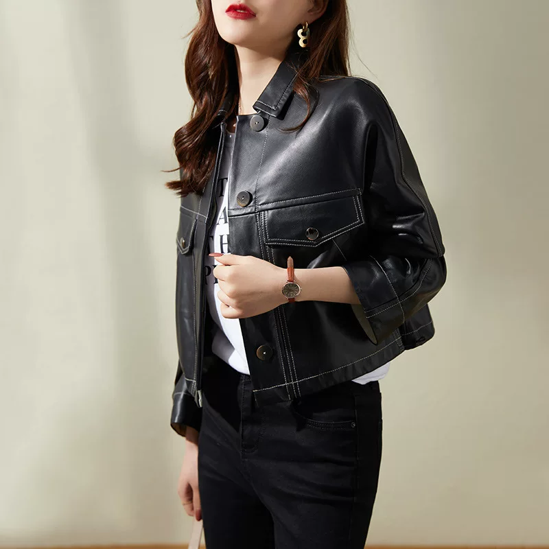 Autumn short jacket, genuine leather, city style