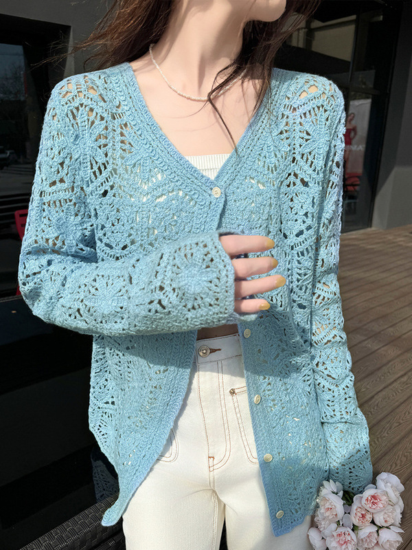 Lightweight Embossed Cut Out Jacket for Women 2025 Spring and Summer Korean Sweet Thin Sun Protection Top Knitted Cardigan