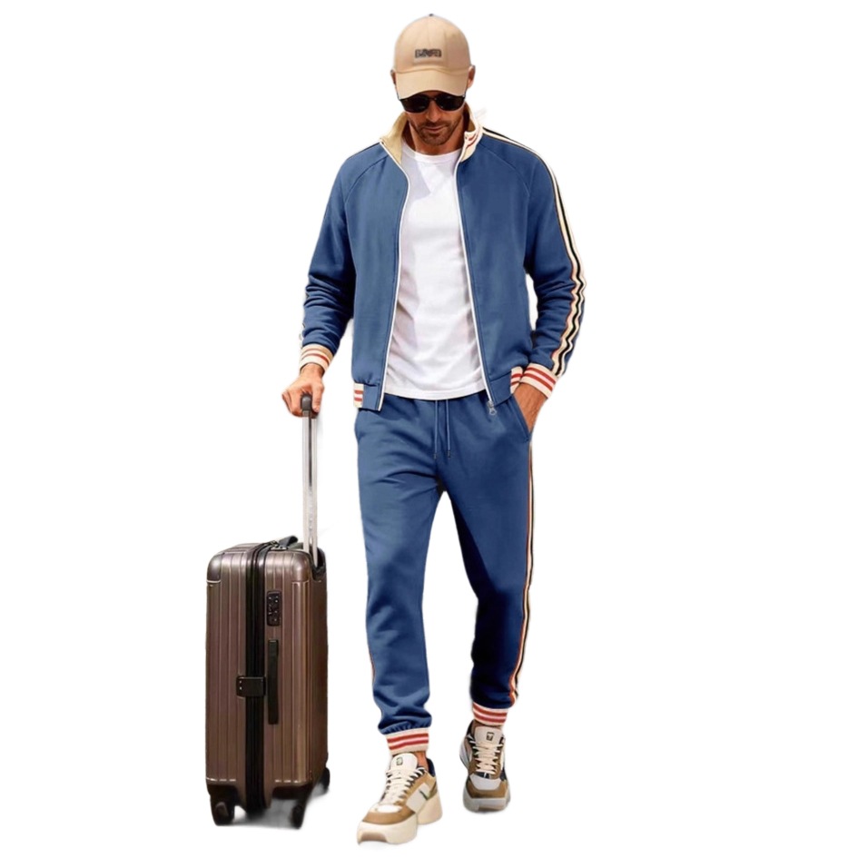 Cross-Border New Autumn and Winter Aliexpress Men's Casual Sports Suit with Stand Collar and Webbing Two-Piece Set