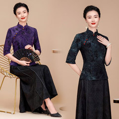 中国式のレトロな唐の服の女性の新しい中国式の改良tシャツのファッションの気質の短いタイプの5分の袖の旗のガウン式のバックルの上着