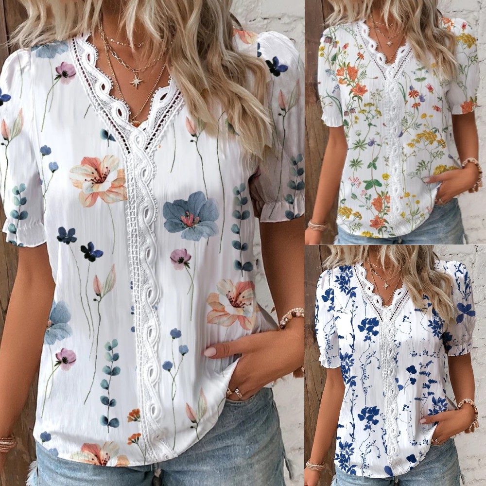 2023 estación independiente deseo Amazon popular verano cuello en V encaje costura camisa impresa camisa ropa de mujer