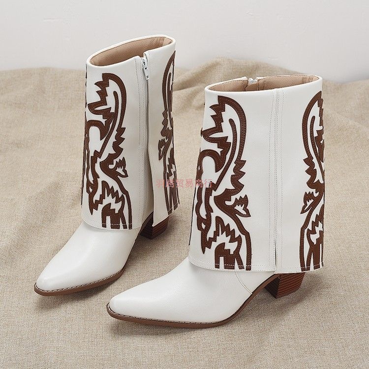 复古雕花刺绣骑士靴女尖头西部牛仔时装侧拉链粗跟高跟裤管靴短靴