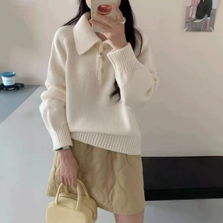 韩系简约翻领针织套头毛衣女秋冬新款娃娃领休闲百搭显瘦针织衫潮