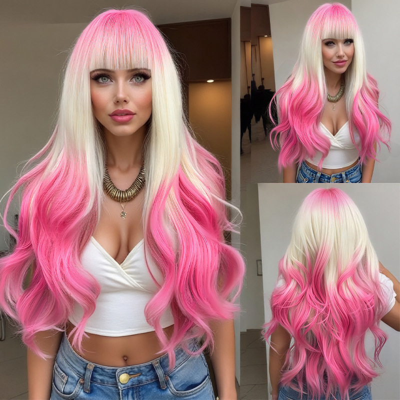 Curly Layered Wig Full Length Cosplay Style Gradient Beige Pink Wig For Women With Bangs Synthetic Hair Extensions_voghion.com