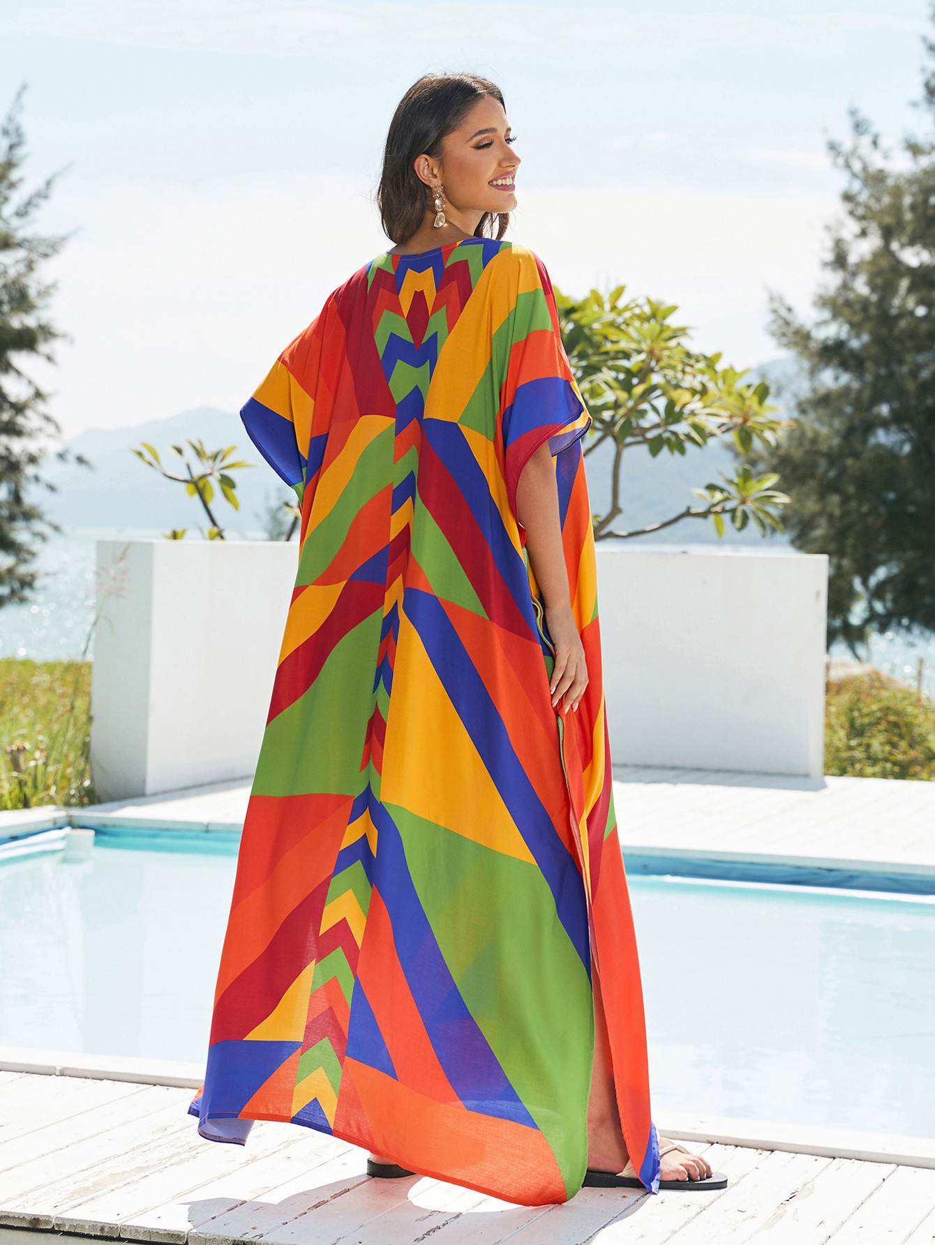 Rochie de plajă lungă kimono dama boho viscoză tie-dye_voghion.com