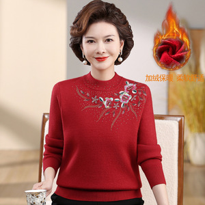 一体绒秋冬针织毛衣加绒加厚保暖打底衫时尚绣花妈妈装中老年上衣，女装针织衫/毛衣，妃慕昵服饰