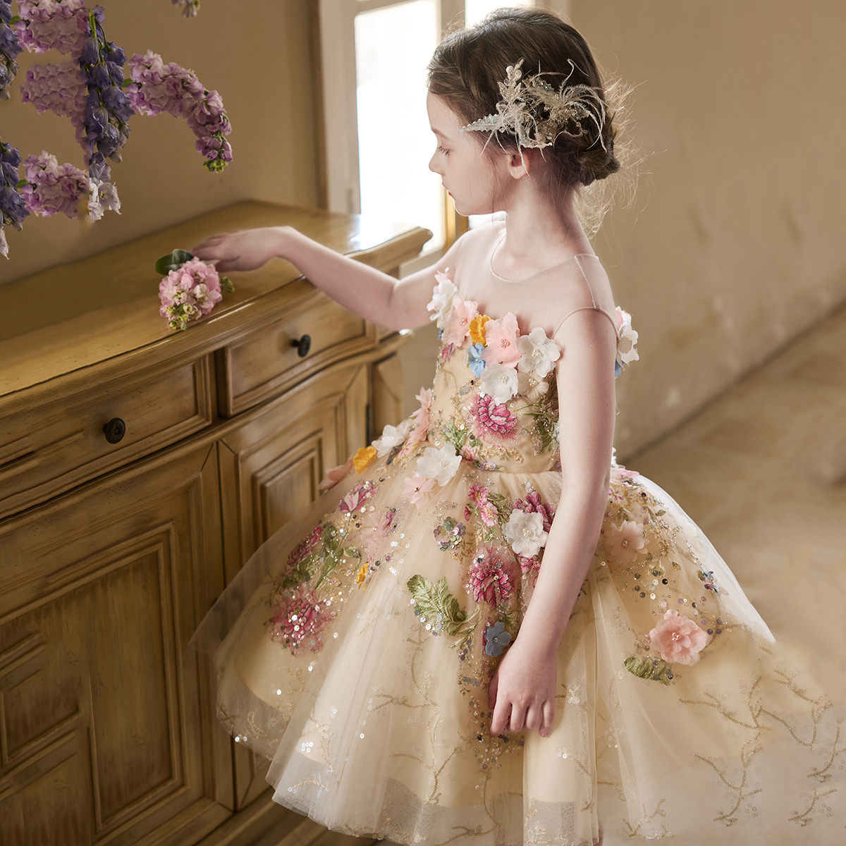 Vestido de niña lujoso nicho floral vestido de boda niña princesa vestido de cumpleaños vestido de anfitrión infantil