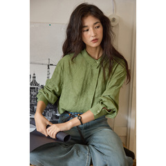 法式亚麻不对称翻领提花衬衫女秋