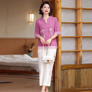 Mom's Summer Cotton and Linen Suit 2025 New Middle-Aged and Elderly Women's Summer Short-Sleeved Shirt Tops 2025 New Style