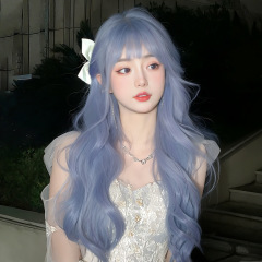 スポットヘイズブルーロングカーリーウィッグ女性インターネットセレブファッションビッグウェーブ高温ワイヤーメカニズムフルヘッドギア工場直販