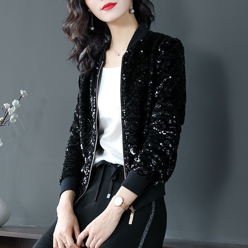 Baseball Uniform Women's 2025 Spring New Bomber Jacket Small Outerwear Autumn Black Sequin Short Jacket Spring and Autumn