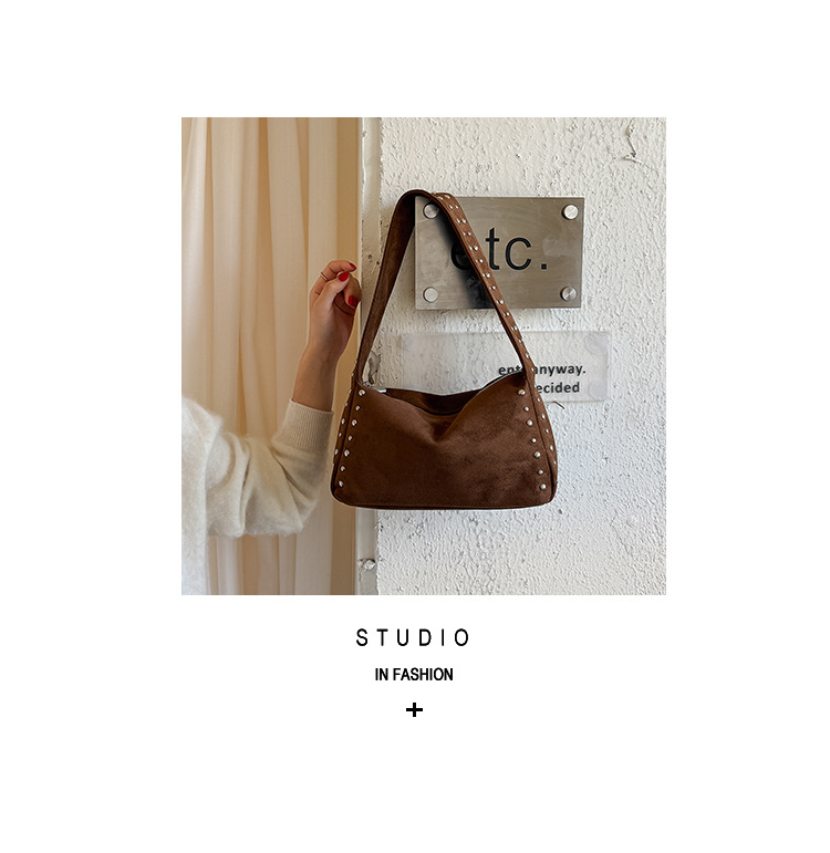 Studded Suede Crescent Zip Underarm Hobo Bag 11