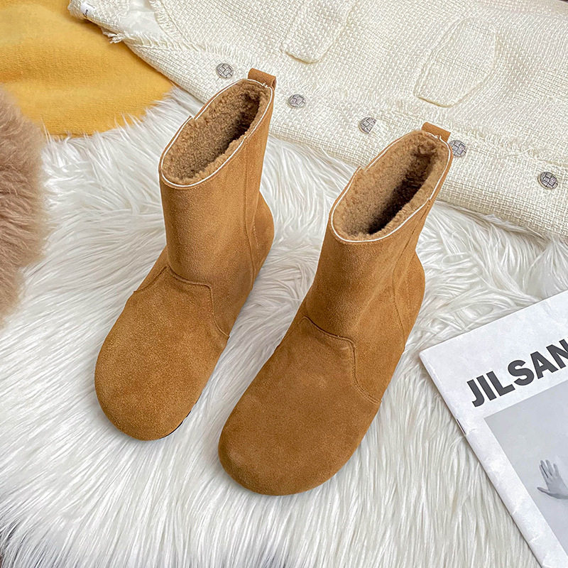 Bốt ngắn nữ da bò lót lông cừu, cổ có thể lật, gót 4 cm — Màu caramel, Màu mơ, Màu nâu đậm