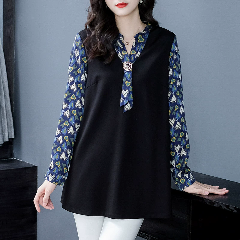 240 Jin, женская Свободная шифоновая рубашка на шнуровке с длинным рукавом для женщин среднего и пожилого возраста, большие размеры, шифоновая рубашка с длинным рукавом