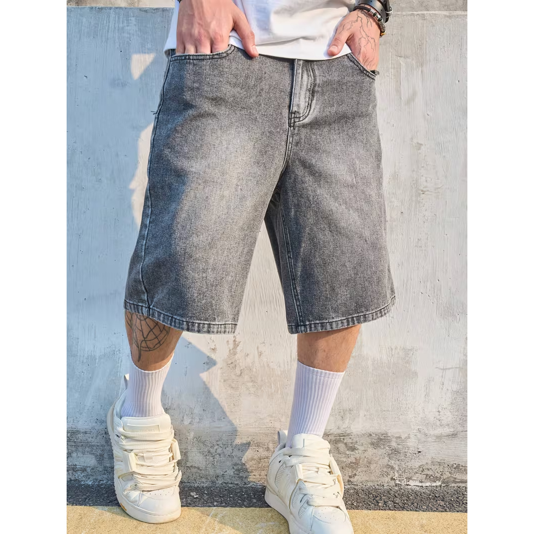 Stonewashed denim shorts voor heren, 12,7 cm binnenbeenlengte, relaxte pasvorm, middelhoge taille, rechte pijpen, casual shorts voor mannen_voghion.com