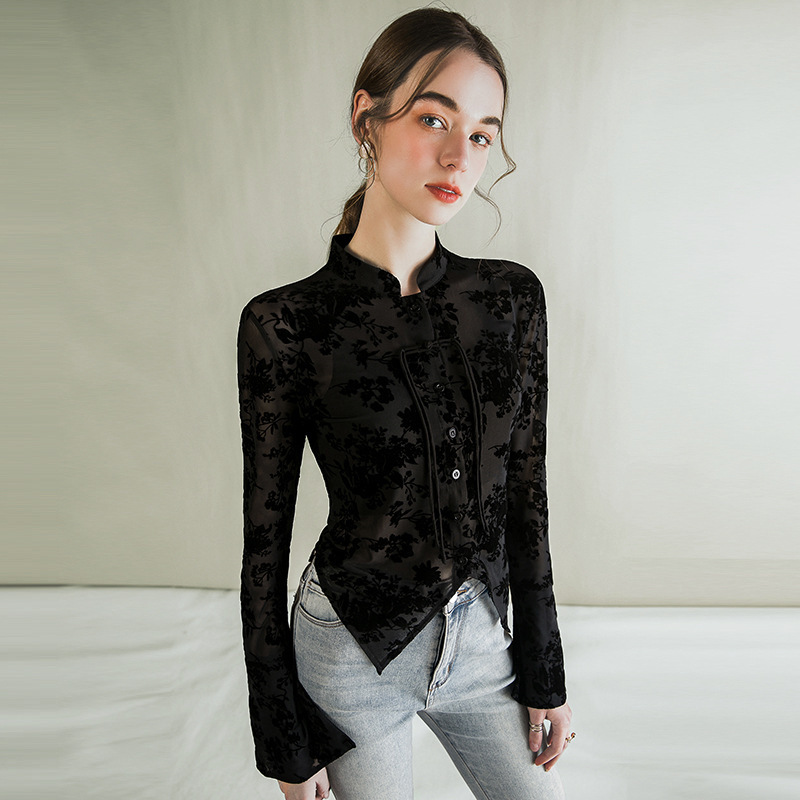Light National style top long sleeve women's 2024 spring and summer new black transparent flocking new Chinese style small shirt western style